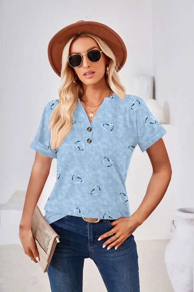 Women's Fashion Casual Printing Button V neck T shirt Sky Blue - Shop at LoveMi