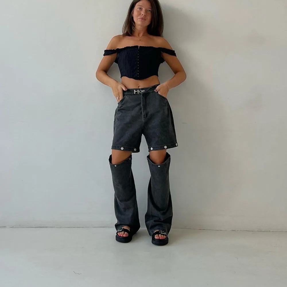 European And American Autumn And Winter Ins Style Fashion Loose And Slimming Detachable Straight Wide leg Pants Black - Shop at LoveMi