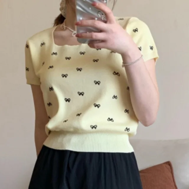 Bow Knitted Short sleeved Shirt Women Apricot - Shop at LoveMi