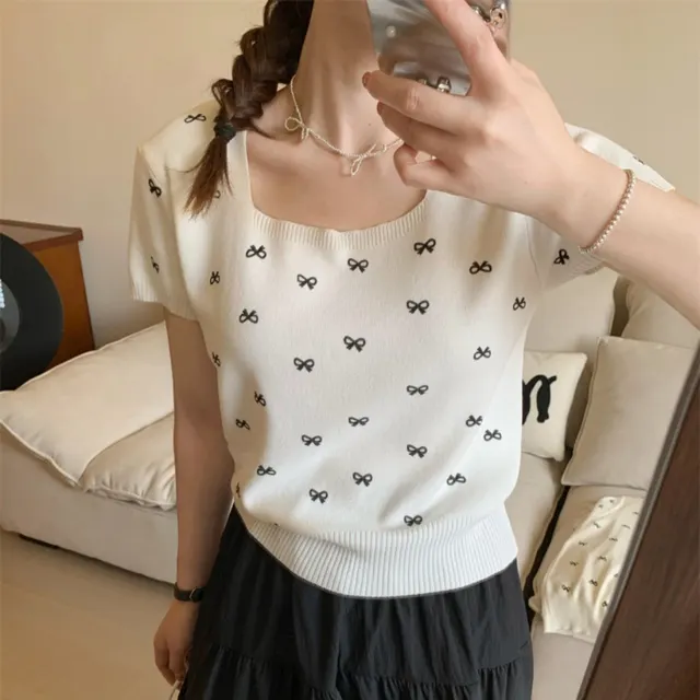 Bow Knitted Short sleeved Shirt Women White - Shop at LoveMi