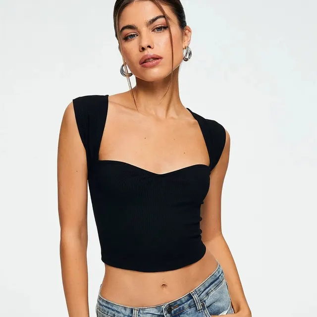 Women's Slim Fit Square Collar Ultra Short Sleeveless Vest Top Black - Shop at LoveMi