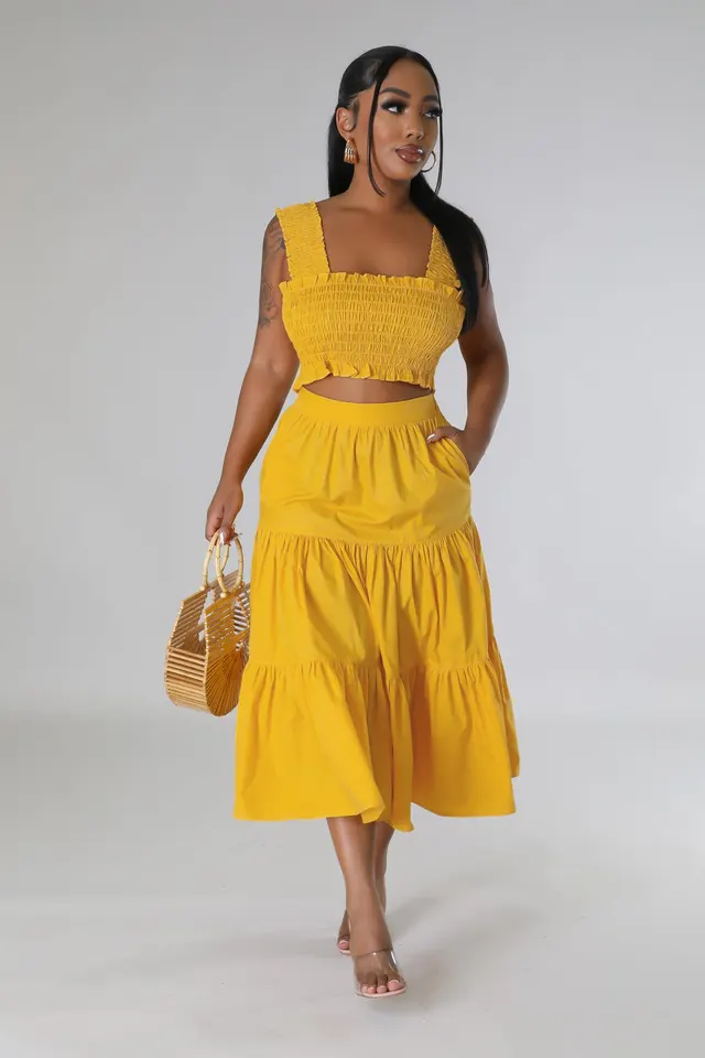 Women's Fashion Chest Wrap Patchwork Skirt Suit Yellow - Shop at LoveMi
