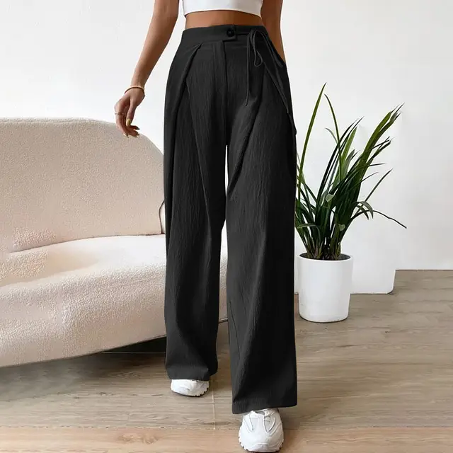 Women's High Waist Drawstring Patchwork Wide leg Pants Casual Straight Pants Black - Shop at LoveMi