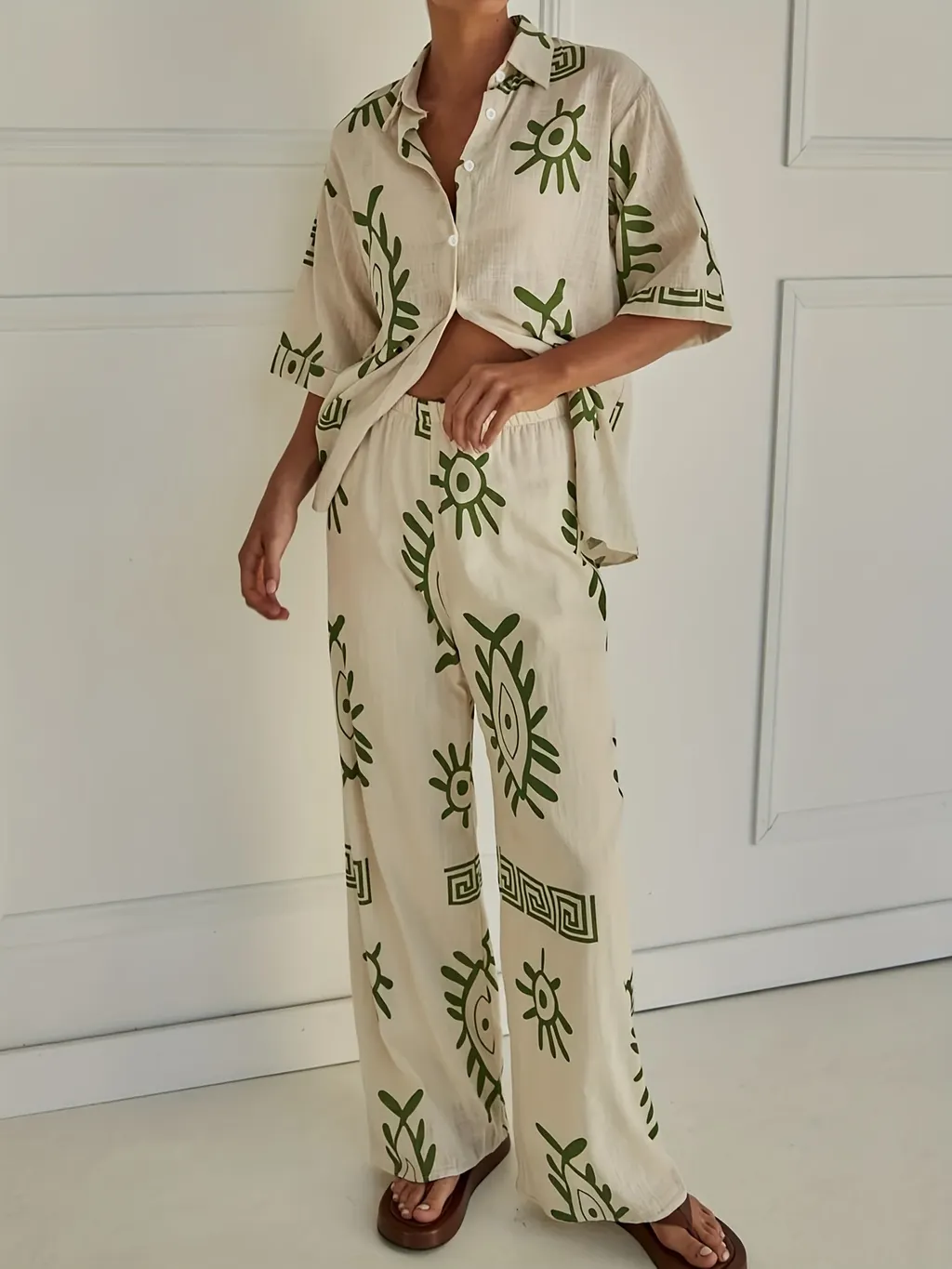 Women's Fashion Individual Casual Top Pants Suit - Apricot