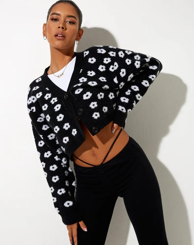 Temperament Commute Long Sleeve Knitted Long Sleeve Cardigan Black Flowers - Shop at LoveMi