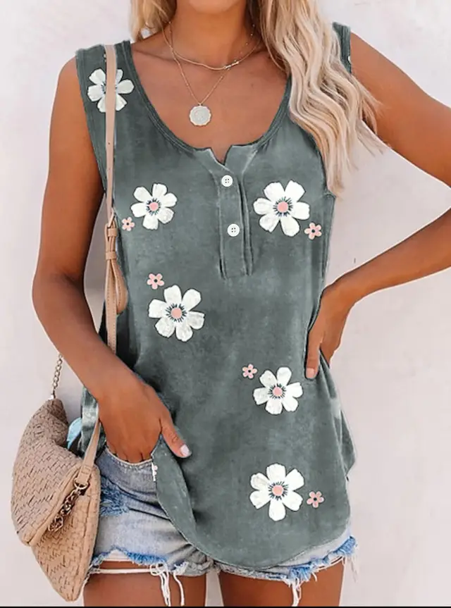 Women's Flower Print Vest Casual Fashion Round Neck Top Gray - Shop at LoveMi
