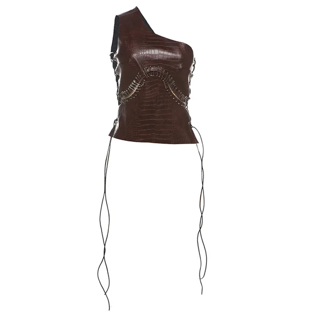 Creative Hollow Drawstring Patchwork One Shoulder Slim Top Vest Brown - Shop at LoveMi