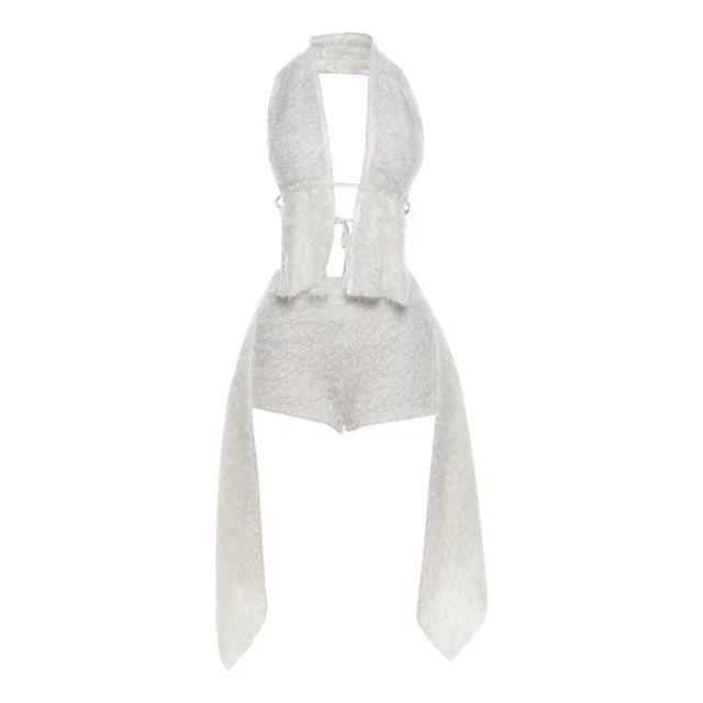 European And American Sexy Low Cut Sleeveless Halter Backless Shorts Suit White - Shop at LoveMi