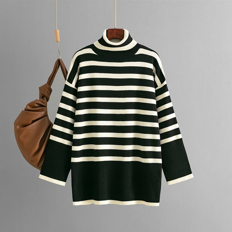 Striped Turtleneck Sweater Women's Loose Design Black - Shop at LoveMi