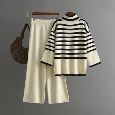 Striped Turtleneck Sweater Women's Loose Design Set A - Shop at LoveMi
