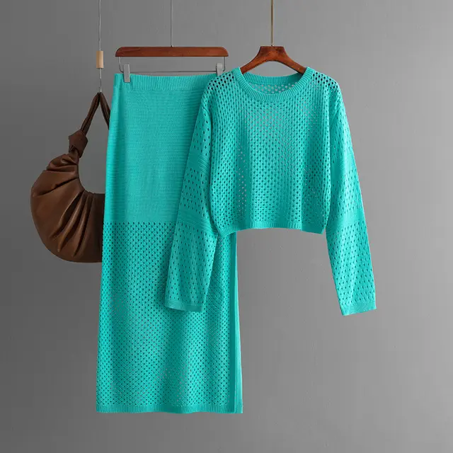 Women's Hollow Sweater Long Skirt Fashion Lake Blue - Shop at LoveMi