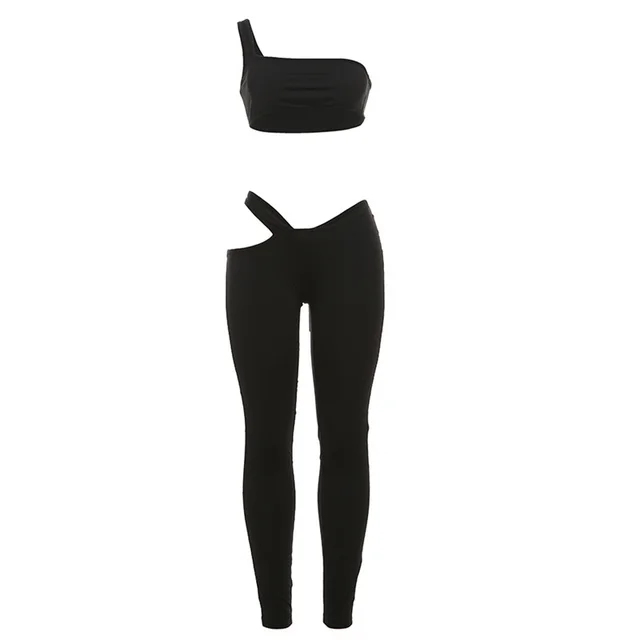 European And American Style Personality Street Sexy Sleeveless Single shoulder Suspender Low Cut Navel Blouse And Pants Black - Shop at LoveMi
