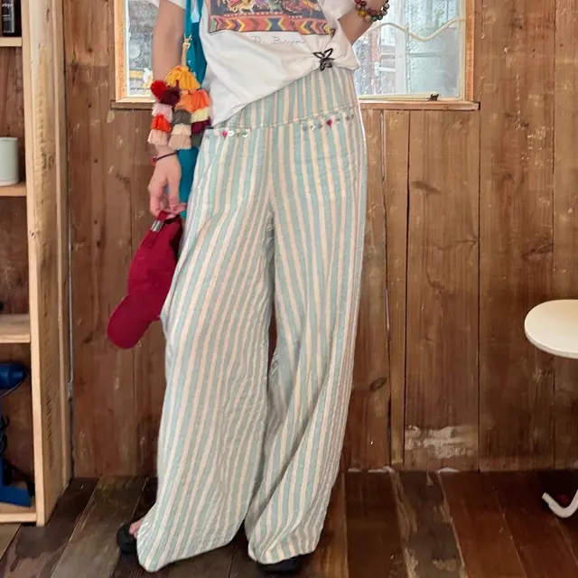 Green Lazy Relaxed Striped Cotton And Linen Casual Trousers Green Lengthened - Shop at LoveMi