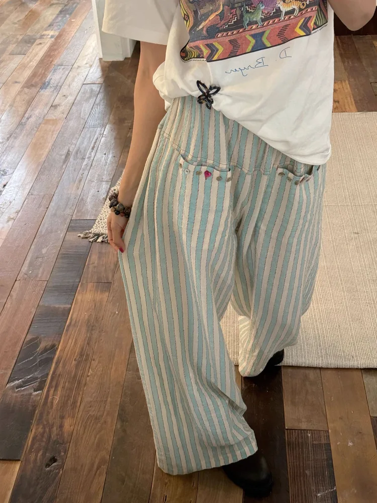 Green Lazy Relaxed Striped Cotton And Linen Casual Trousers Green - Shop at LoveMi