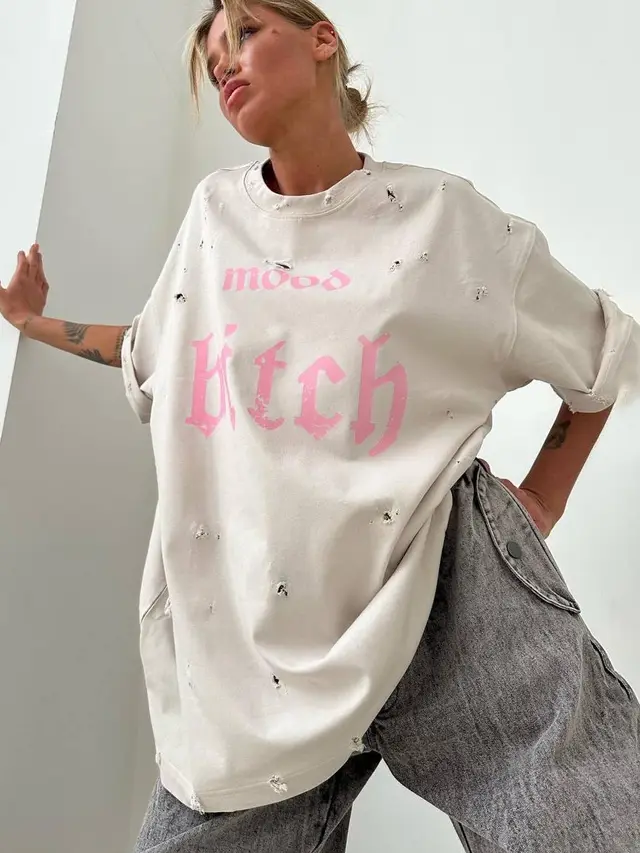 European Goods Design Fashion Brand Round Neck Ripped Distressed T shirt Lt1455 Beige - Shop at LoveMi