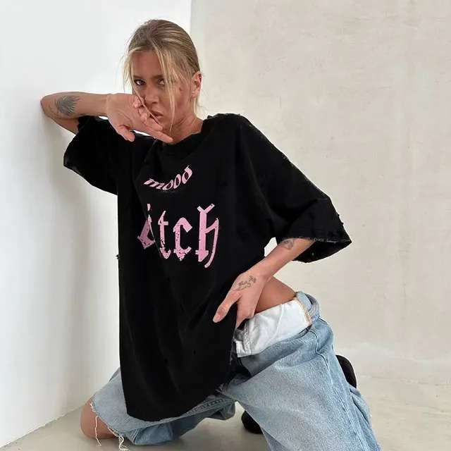 European Goods Design Fashion Brand Round Neck Ripped Distressed T shirt Lt1455 Black - Shop at LoveMi