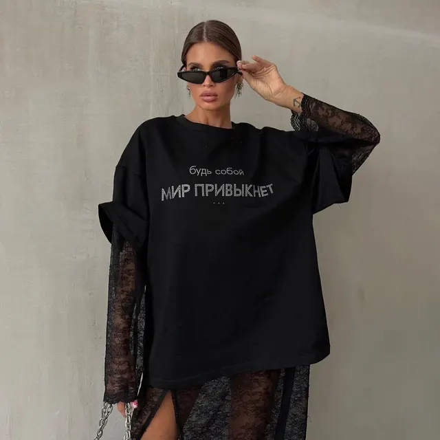 European And American Rhinestone Top Loose T shirt T3786 Black - Shop at LoveMi