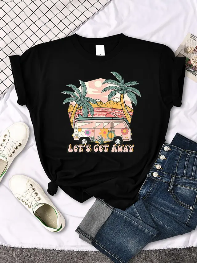 Let's Get Away Vacation Pattern Female T shirts Black - Shop at LoveMi