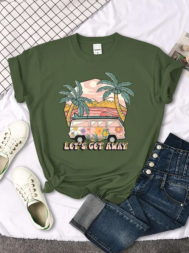 Let's Get Away Vacation Pattern Female T shirts Dark Green - Shop at LoveMi
