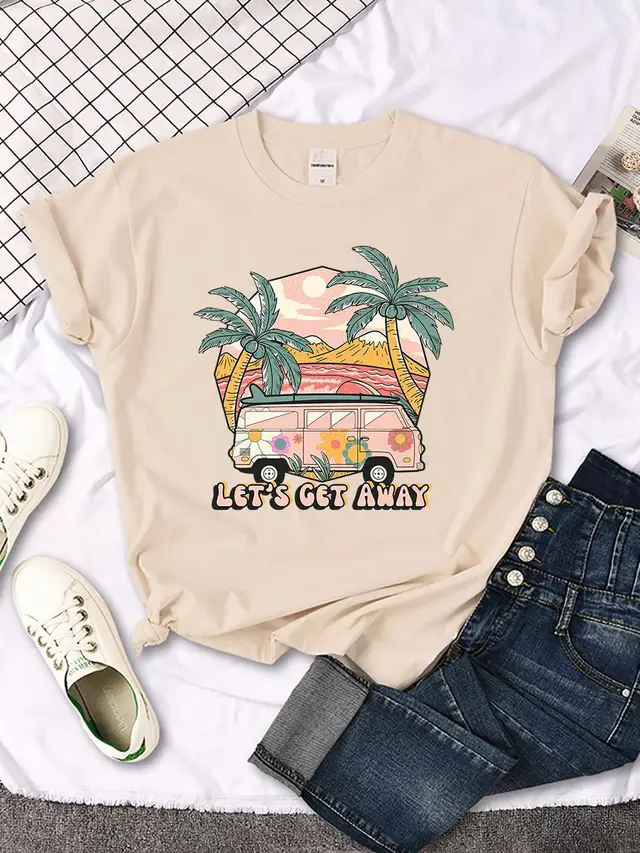 Let's Get Away Vacation Pattern Female T shirts Khaki - Shop at LoveMi