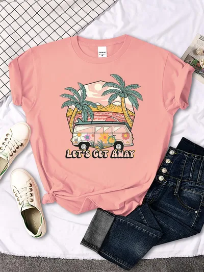 Let's Get Away Vacation Pattern Female T shirts Pink - Shop at LoveMi