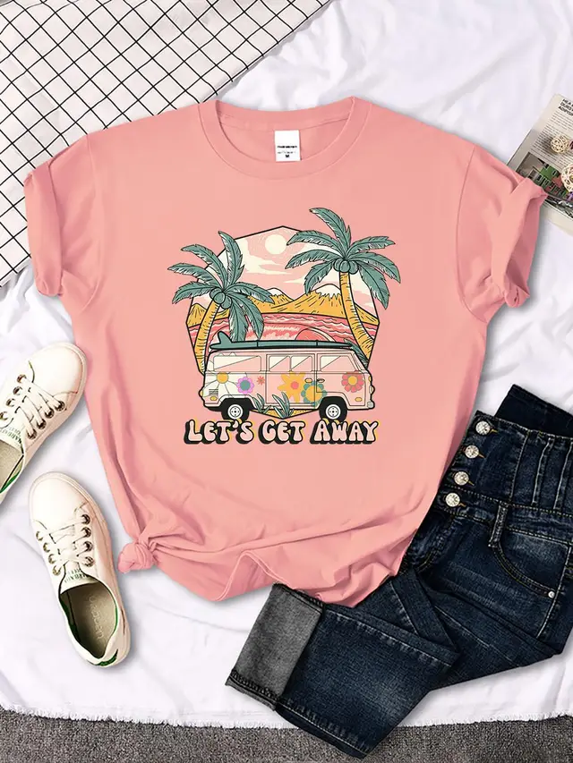 Let's Get Away Vacation Pattern Female T-shirts - Pink