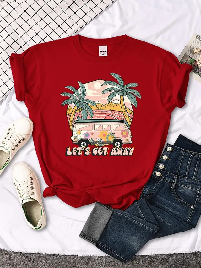 Let's Get Away Vacation Pattern Female T shirts Red - Shop at LoveMi