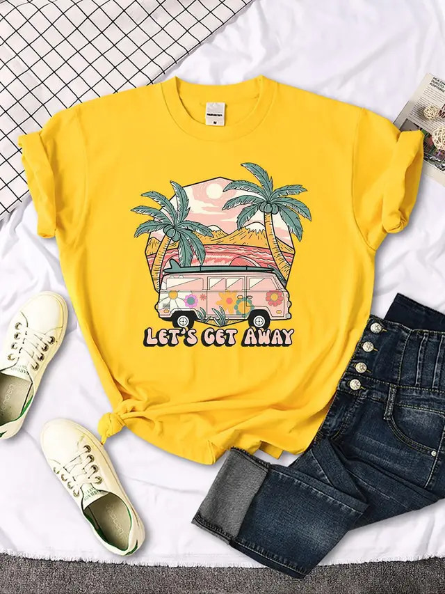 Let's Get Away Vacation Pattern Female T shirts Yellow - Shop at LoveMi