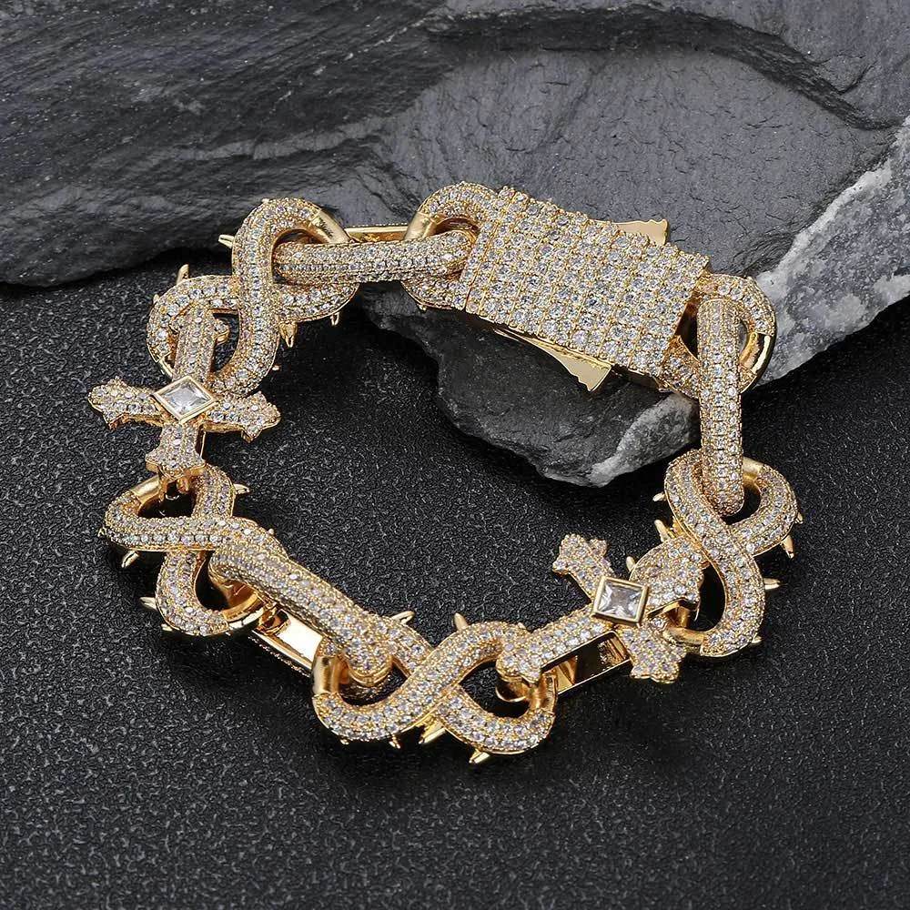 Men's Fashion Thorn Cross Cuban Bracelet - Golden Width 16Mm