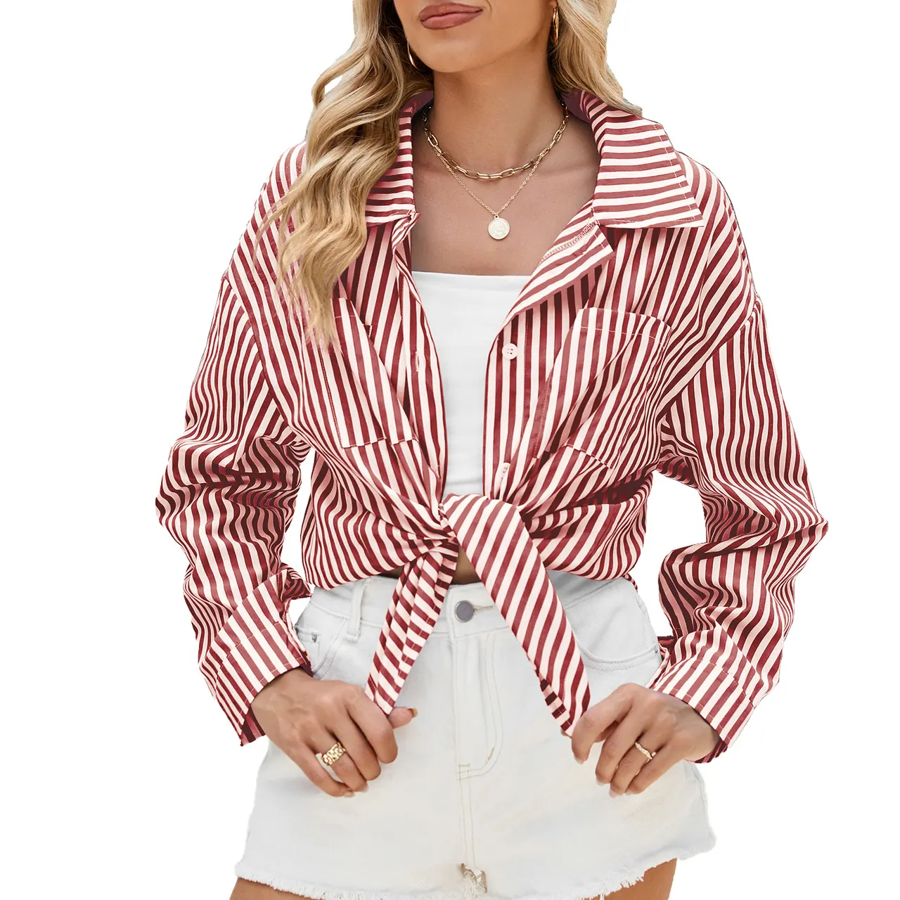 Oversize BF Style Long Sleeve Loose Striped Shirt - Pink Stripes