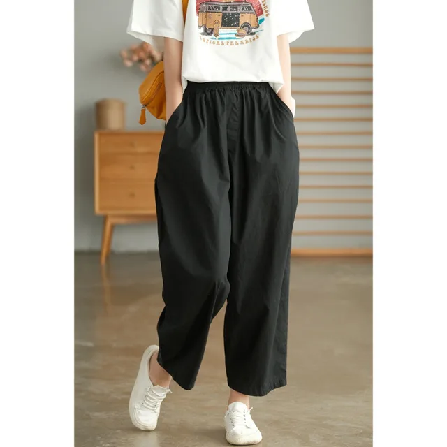 Solid Color Cotton High Waist All matching Wide Leg Pants Black - Shop at LoveMi