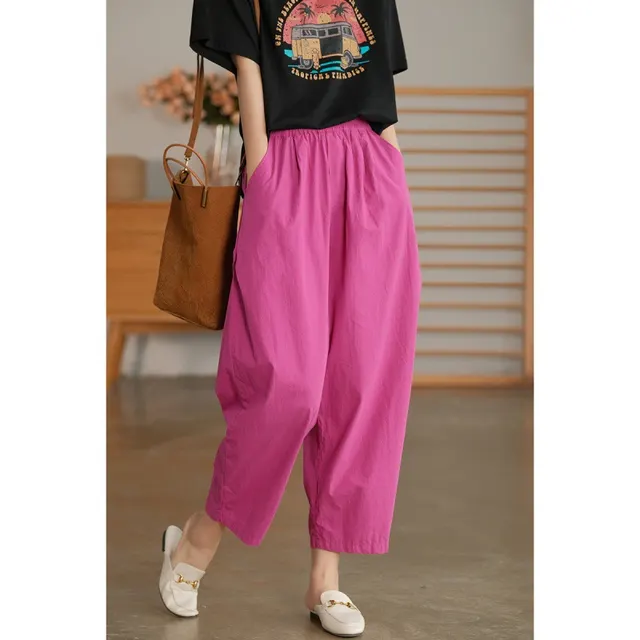 Solid Color Cotton High Waist All matching Wide Leg Pants Rose Red - Shop at LoveMi