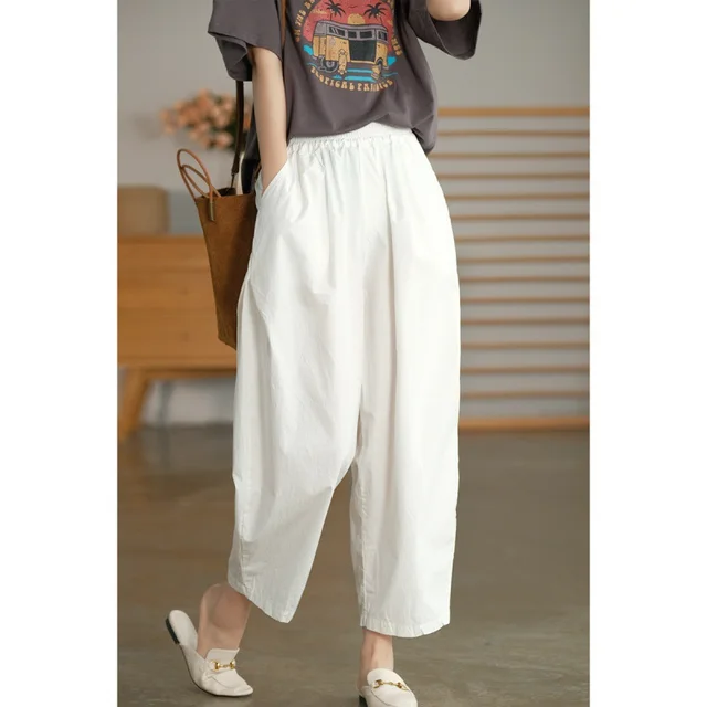 Solid Color Cotton High Waist All matching Wide Leg Pants White - Shop at LoveMi