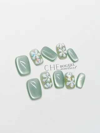 Hand-worn Nail Green Cat's Eye Three-dimensional Embossed Flowers - Green
