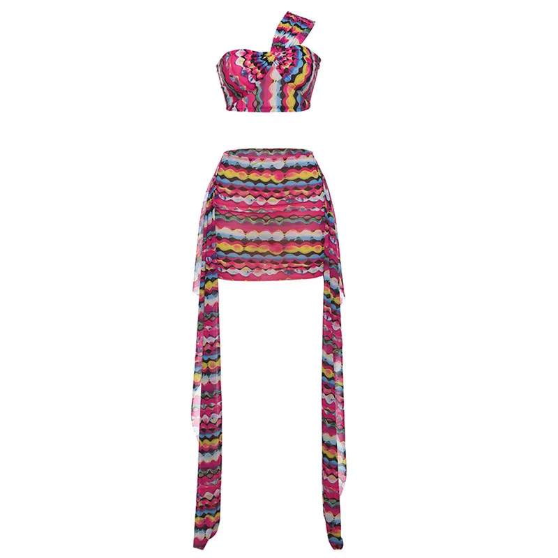 European And American Digital Stripe Printing Shoulder Girdle Sheath Skirt Outfit - Rose Red - View 1