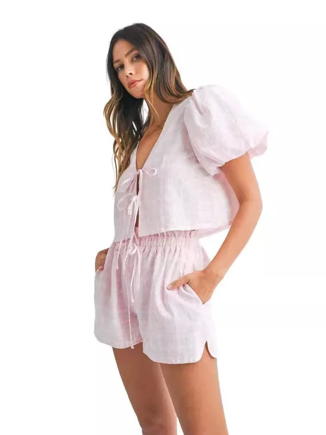 Temperament V neck Lace up Bow Puff Sleeve Top Casual Shorts Plaid Two piece Set Pink - Shop at LoveMi