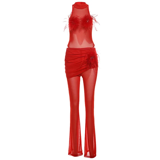 European And American Fashion Creative Street Shooting Hipster See through Sleeveless Pullover Jumpsuit Blouse And Pants Red Suit - Shop at LoveMi