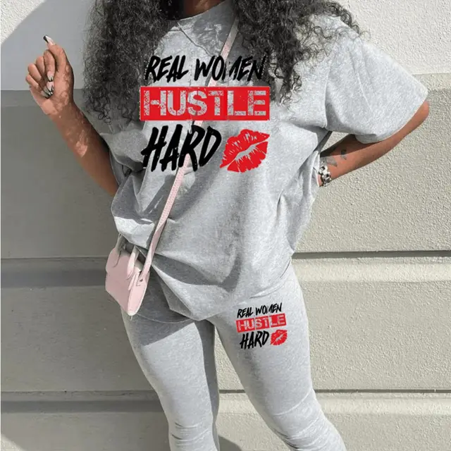 Women's Fashion Letter Print Outdoor Sports Short Sleeve T shirt Trousers Suit Gray - Shop at LoveMi