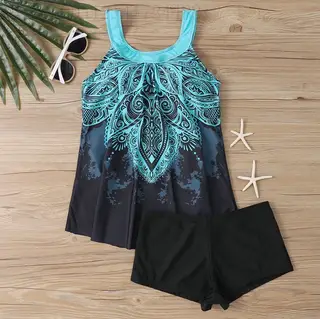 Plus Size Swimsuit Women's Shoulder Strap Conservative Skirt Split Boxers - Blue Variegated