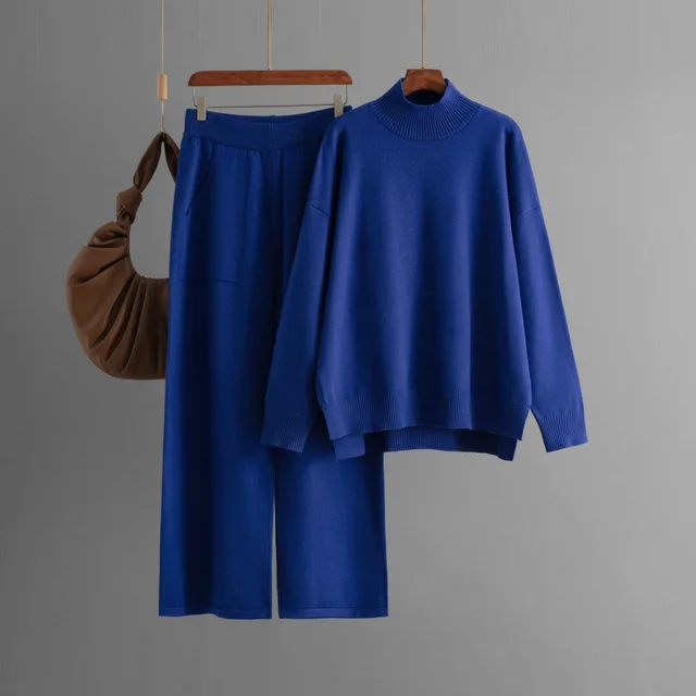 Half Turtleneck Slit Sweater Suit Women's Fashion Blue - Shop at LoveMi