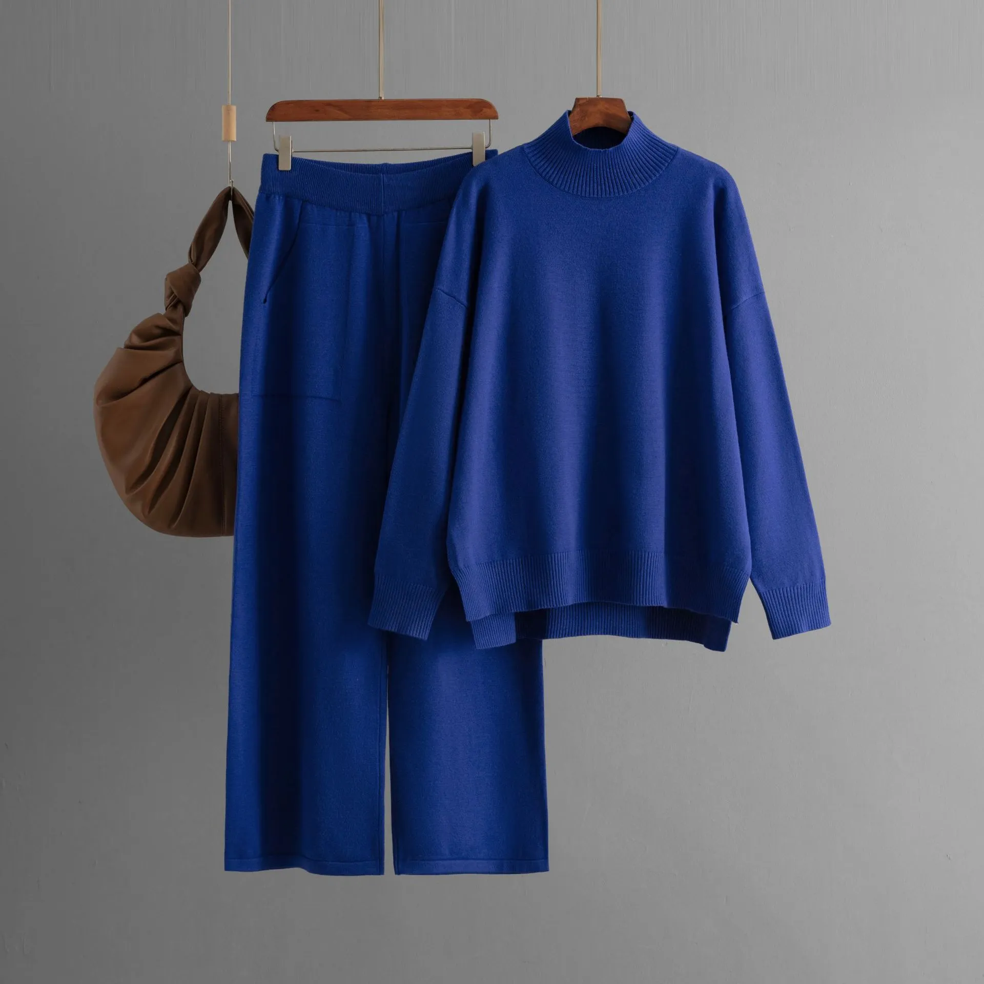 Half Turtleneck Slit Sweater Suit Women's Fashion - Blue