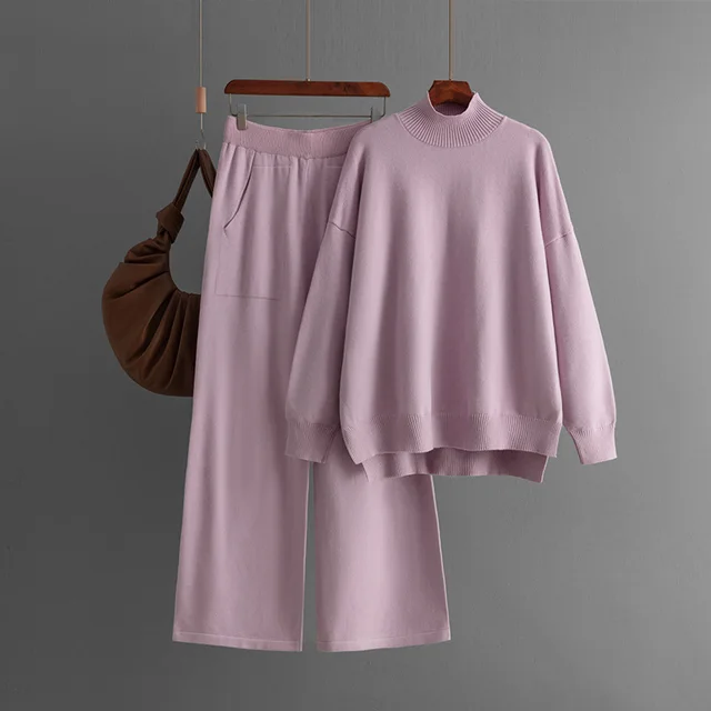 Half Turtleneck Slit Sweater Suit Women's Fashion Pink - Shop at LoveMi