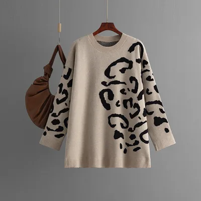 Knitted Brocade Sweater Women's Round Neck Pullover Leopard Print Khaki - Shop at LoveMi