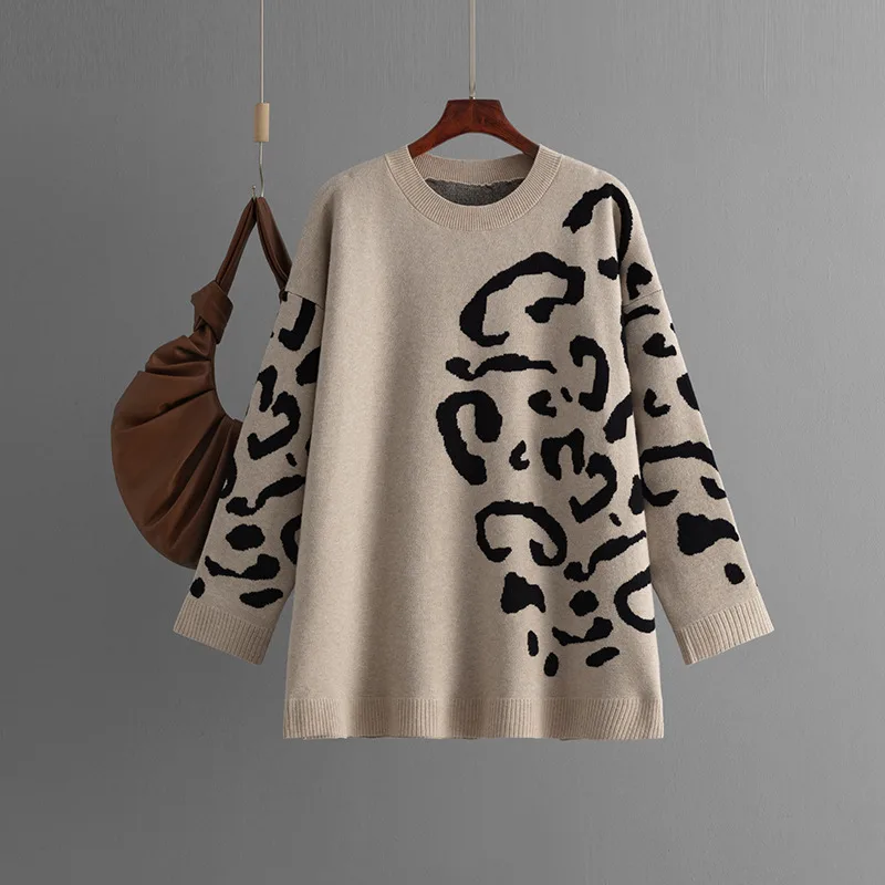 Knitted Brocade Sweater Women's Round Neck Pullover Leopard Print - Khaki