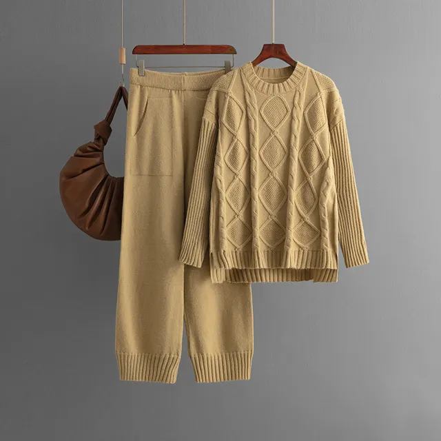 Plus Size Women's Clothing Cable knit Pullover Sweater Suit Khaki - Shop at LoveMi