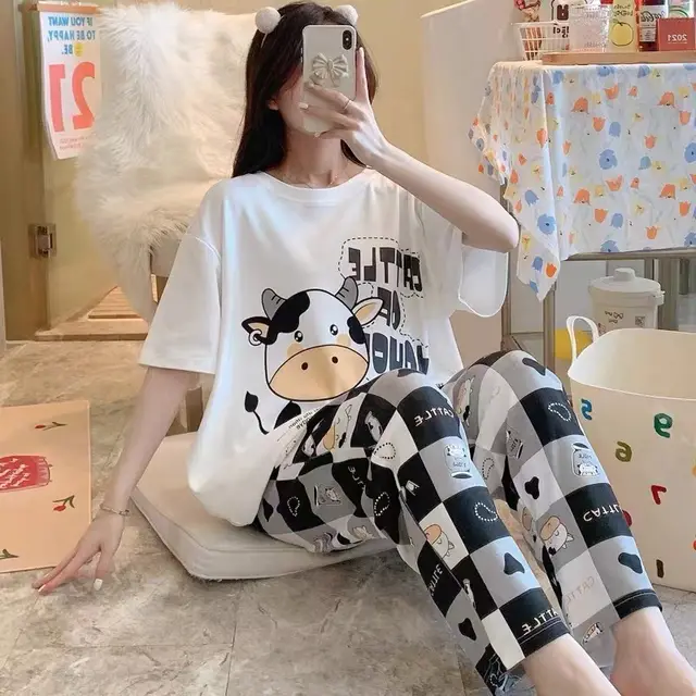 Female Summer Short Sleeve Trousers Casual Homewear Suit Cute White With Cow Pattern - Shop at LoveMi