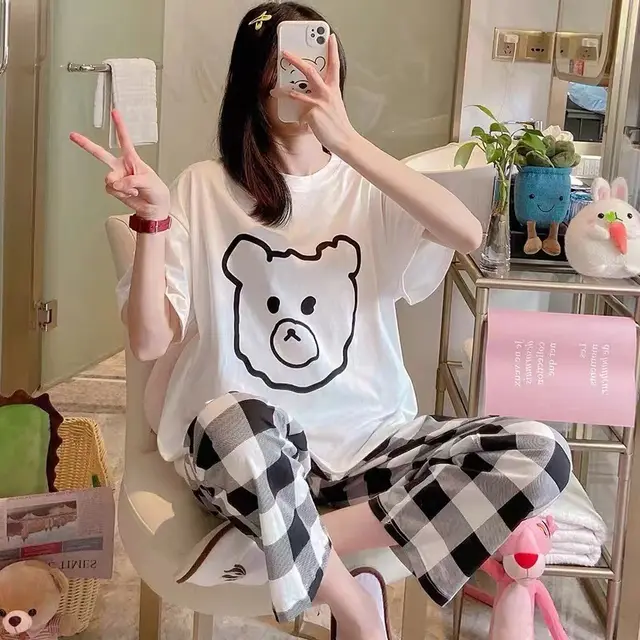 Female Summer Short Sleeve Trousers Casual Homewear Suit White Dumb Bear - Shop at LoveMi