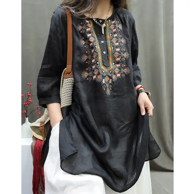Retro Ramie Machine Embroidery Top Loose Black - Shop at LoveMi