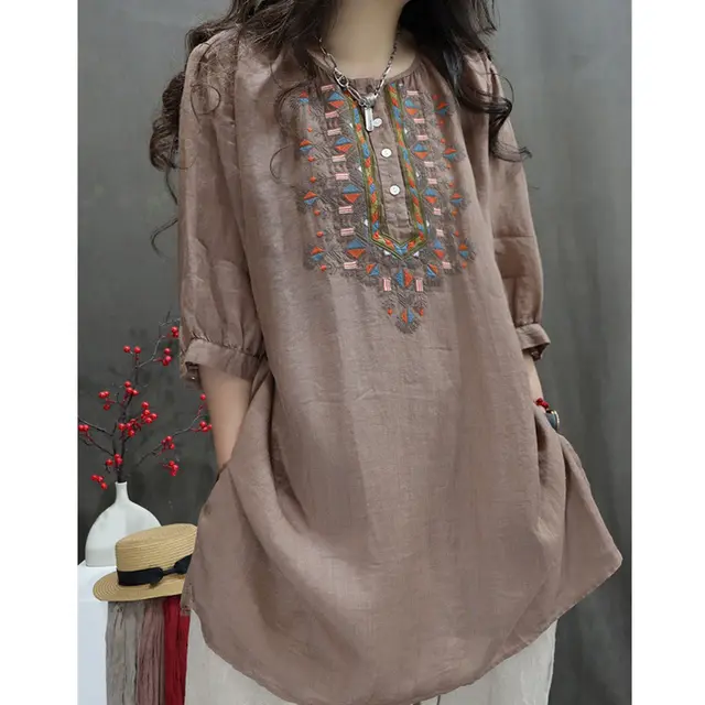 Retro Ramie Machine Embroidery Top Loose Brown - Shop at LoveMi