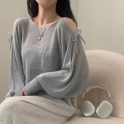 Lace up Cutout Off shoulder Loose Sun Protection Sweater Top Blue - Shop at LoveMi